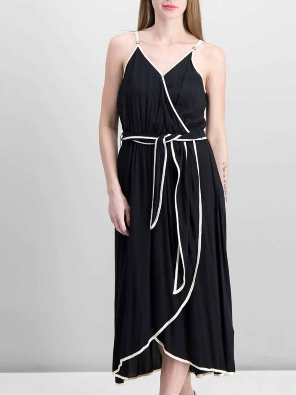 Who What Wear Black Midi Dress With White Trim Wrap Surplice Belted Size M